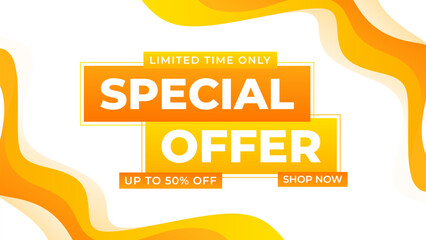 Special offer banner template with orange and white wave background, up to 50% off, suitable for sales promotion, marketing ads, e-commerce, events, social media, web, and pages