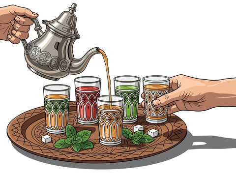 Moroccan Tea Service: Silver Teapot Pouring Tea into Colorful Glasses
