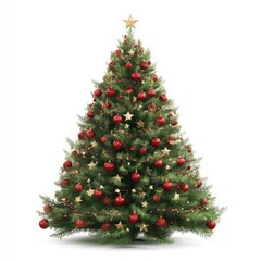 Fototapeta premium Traditional Green Pine Christmas Tree Richly Decorated with Red Ornaments and Golden Stars on a White Background