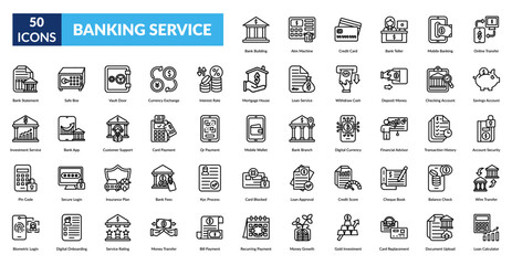 Banking Service Line Icon Set. Bank Building, Atm Machine, Credit Card, Teller Counter, Mobile Banking App, Online Money Transfer, Savings Account