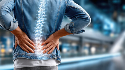 Man experiencing severe low back pain. Holding lower lumbar spine area. Spine X-ray showing injured bone. Disk problems. Chronic pain from osteoporosis or spinal injury requiring medical treatment