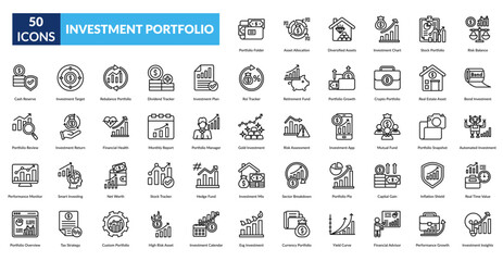 Investment Portfolio Line Icon Set. Portfolio Folder, Asset Allocation, Diversified Assets, Investment Chart, Stock Portfolio, Risk Balance, Bond Investment