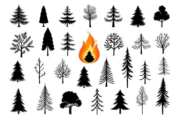 Forest Trees and Fire Icon Set - Vector Illustration