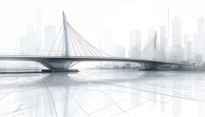 Fototapeta premium Wireframe sketch shows modern cable-stayed bridge design over water body with city skyline. Blueprint illustrates engineering project and urban infrastructure concept.