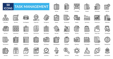 Task Management Line Icon Set. Task List, Checklist, To Do Board, Schedule, Pending Task, Daily Plan, Weekly Plan