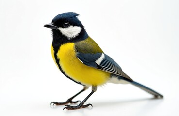 Fototapeta premium Close up of great tit bird on plain white background. Small wild bird vibrant yellow, blue plumage. Facing left, showing black head, white cheeks. Feathered body details visible.