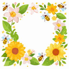 Obraz premium Frame with honey flowers and bees. Cartoon vector illustration