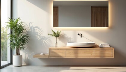 Fototapeta premium Modern bathroom with floating wood vanity, vessel sink, illuminated mirror, and potted plant. Clean white walls contrast with natural wood tones, creating a serene, minimalist ambiance.