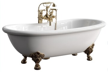 Elegant White Clawfoot Bathtub with Polished Brass Faucets in Luxurious Bathroom Setting