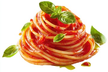 Fresh Spaghetti al Pomodoro with Basil Leaves and Tomato Sauce Served in a Delicious Bundle on a White Background