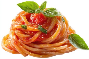 Fresh spaghetti al pomodoro with aromatic basil leaves and rich tomato sauce, perfect for culinary presentation or recipe designs