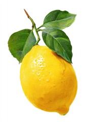Beautiful Lemon Drawing with Green Leaves Isolated on White Background, Standard Scale Artistic Illustration