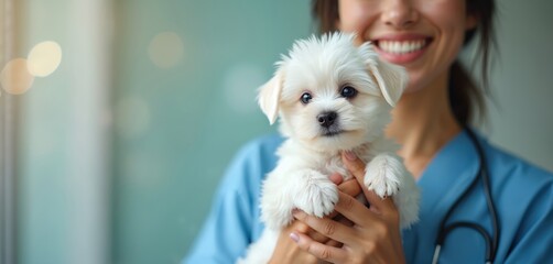 Vet in blue uniform holds fluffy white puppy gently. Smiling woman cradles small dog with care. Animal medicine, pet health and veterinary services.