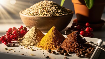 A vibrant still life composition featuring piles of colorful spices and grains illuminated by warm sunlight evoking natural ingredients and culinary inspiration