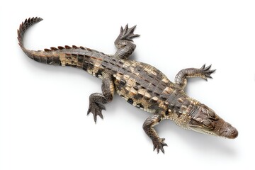 Fototapeta premium Close-up View of a Crocodile Lying Still with Tail Forming a Gentle Curve on a Standard Scale Background