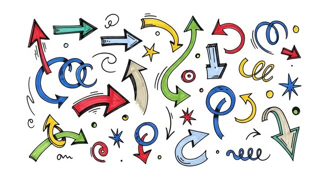 Colorful hand-drawn arrows and doodles pointing in various directions, representing choices and movement.