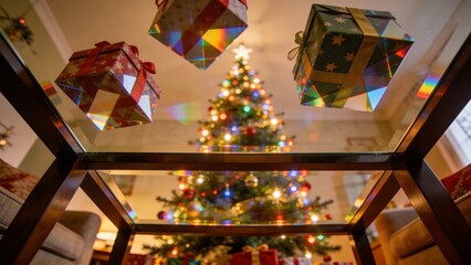 A cozy Christmas scene with gifts suspended above a beautifully decorated tree, ideal for capturing festive spirit and holiday joy.