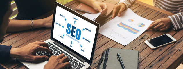 SEO search engine optimization for modish e-commerce and online retail business showing on computer...