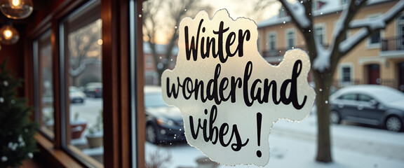 Winter wonderland vibes written on a steamy cafe window in snow  