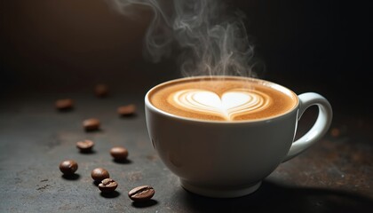 Steaming hot coffee cup with latte art heart, roasted beans scattered on dark table. Warm beverage with milk foam, morning aroma invites. Barista creation for cozy cafe.