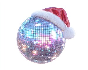 Shiny Disco Ball with Santa Hat Isolated on Transparent Background for Holiday and Party Themes