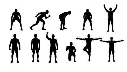 Collection of male fitness silhouettes showing various dynamic workout poses and exercises for sports and health concepts