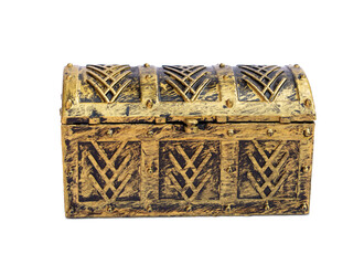 Golden ancient pirate treasure chest that is closed isolated on transparent background or png file..