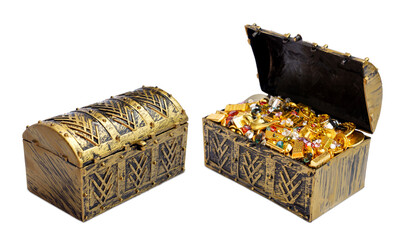 Legendary fancy tale treasure chest. Ancient coffer opened revealing pile of gold bars have magic lamp golden artifact and sparkling colorful cut diamonds isolated on transparent or png file.