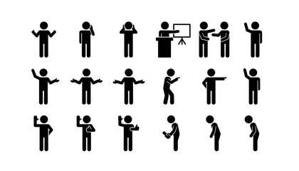 Collection of black stick figure pictograms representing various human poses, gestures, and actions in business or communication contexts