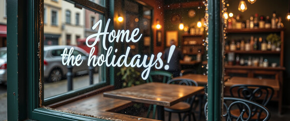 Cozy cafe interior with festive text on steamy window for holidays  