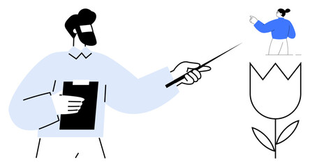 Business education, teamwork, growth, creativity, presentation, collaboration. Man holding a clipboard points at a tulip and another figure. Business education and teamwork concept