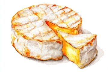 Whimsical Watercolor Illustration of Whole Camembert Cheese with Slice Removed in Standard Scale