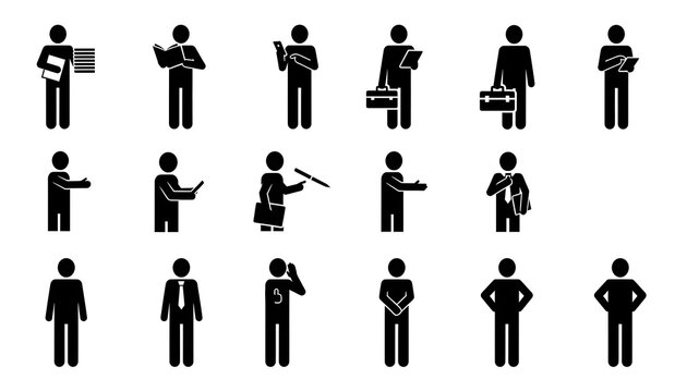 Collection of business people stick figures icons representing various professional activities and poses