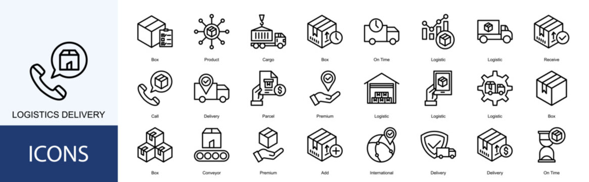 Logistics Delivery icon collection set. Containing Box, Product, Cargo, On Time, Logistic, Receive, Call, Delivery icon