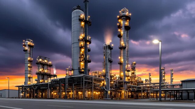 Industrial oil refinery illuminated at dusk, showcasing towering structures and intricate piping, as the camera smoothly pans across the scene, capturing the vibrant atmosphere and operational details