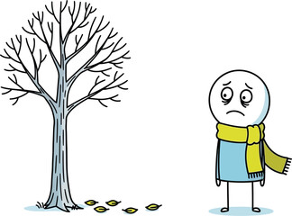Lonely stick figure stands near a bare tree in a minimalist black and white illustration evoking sadness and isolation