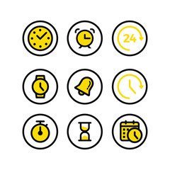 Yellow Time and Clock Icon Set Vector Collection