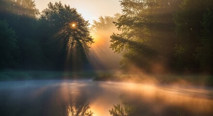Golden sunbeams pierce through misty forest trees onto a serene, reflective river at dawn.