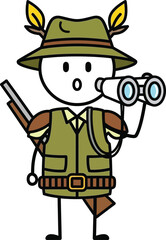 Cute cartoon explorer character looking through binoculars with a rifle and safari hat in a playful doodle style