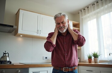 Elderly man rubs his neck in kitchen experiencing sharp pain. He appears to be suffering from discomfort and aches. Home care for his condition is needed. He needs relief from his ailment.