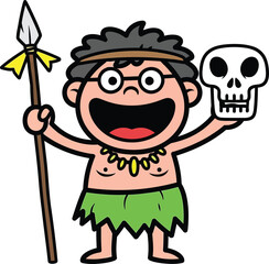 Cartoon illustration of a cheerful caveman holding a spear and a skull with a playful expression