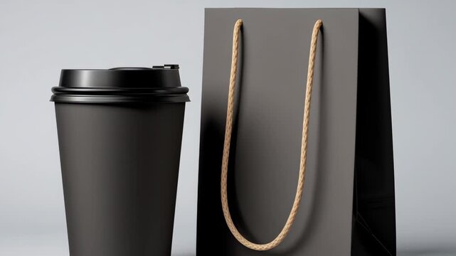 Black coffee cup and paper bag positioned on a minimalistic surface, showcasing sleek design and modern aesthetics, with gradual camera zoom enhancing visual appeal