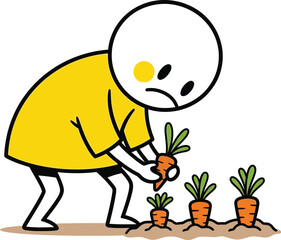A sad little stick figure carefully tends to a small garden of potted plants with a worried expression