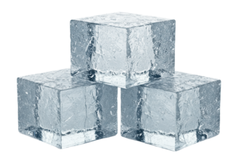 three hyper-realistic, large, frosted rectangular ice cuboids arranged in a vertical stagger, casting sharp shadows on a transparent background. extreme macro close-up, concept for premium