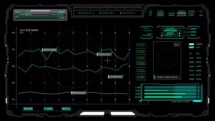 Futuristic digital interface displaying complex data and graphs on a dark background. - Powered by Adobe