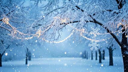 Snowy Pathway with Fairy Lights and Lanterns Under Snow Covered Enchanted Trees at Twilight