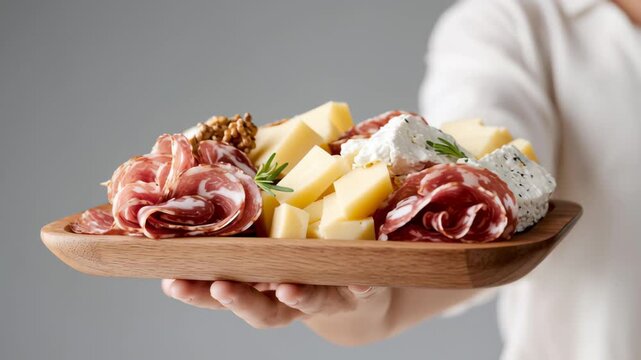 Handheld camera captures a close-up view of a wooden platter filled with assorted cheeses and cured meats, showcasing the vibrant textures and colors, emphasizing culinary artistry and presentation