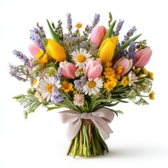 Obraz premium Assorted Spring Flowers Bouquet Tied with Ribbon in Soft Pastel Colors for Fresh Floral Arrangement