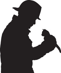 Dark silhouette of a person in a hat holding a small domestic cat