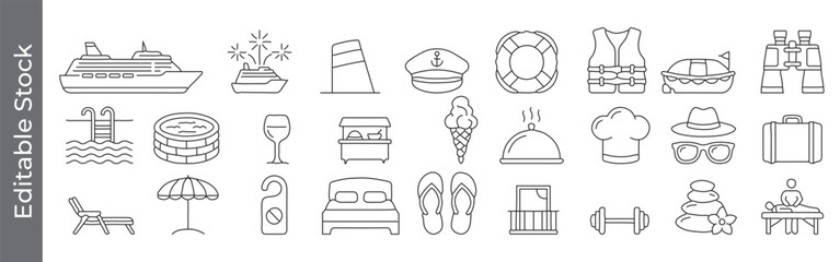 Cruise, resort and vacation icon set &ndash; editable outline symbols of ship, pool, lifebuoy, lounge, bed, hat, suitcase and spa
